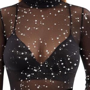 Women's Mesh Top Long Sleeve See Through Mock Neck Blouse